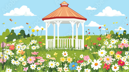 A vibrant garden scene features a white gazebo, colorful flowers, butterflies, and fluffy clouds