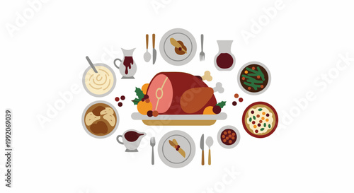 A festive spread of roasted meat, side dishes, and condiments arranged around a central platter