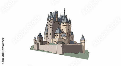 A grand, imposing fortress with multiple towers and high walls, set against a white background