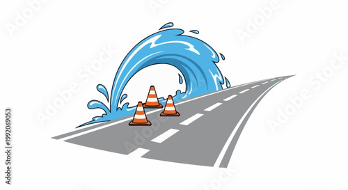 A large wave crashes onto a road marked with traffic cones, creating a hazard