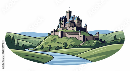 A grand medieval castle stands atop a lush green hill overlooking a winding river and rolling hills