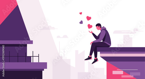 Man on rooftop sending abstract hearts into the sky, modern city background, love concept