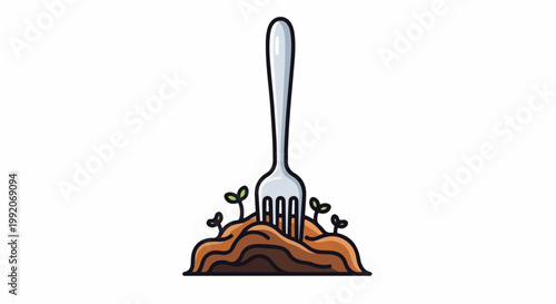 A fork plunged into soil with small sprouts growing around it