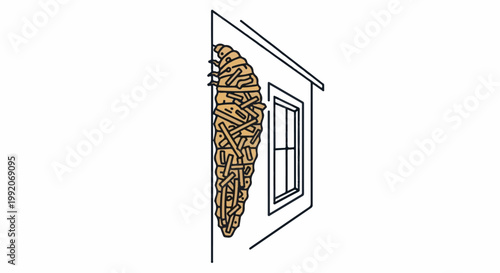 A larval form resembling a cocoon covered in wood fragments clings to the exterior of a structure