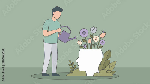 Mental health concept: man watering flowers in a human head silhouette