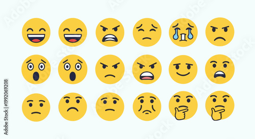A grid of 15 yellow circular faces expressing various emotions and thoughts with black and white features
