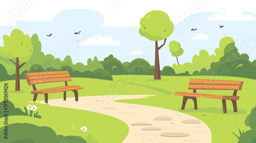 A serene park scene depicts two benches, a winding path, lush greenery, and a bright blue sky