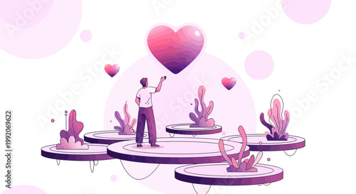 Man Painting a Giant Heart on Floating Platforms, Love Concept, Abstract Art