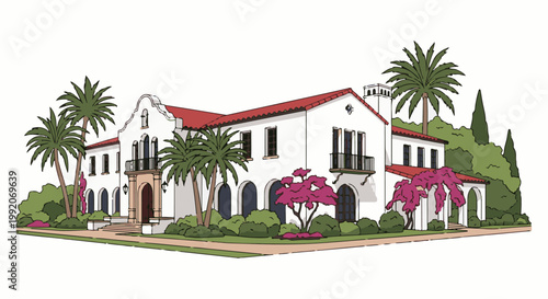 A grand white house with a red tile roof, surrounded by lush green trees and vibrant pink flowers