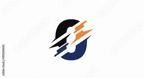 A graphic design features a stylized "O" with fragmented, sharp lines in black, orange, and blue