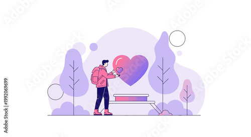 Man Painting Gradient Heart in Park with Abstract Trees and Circles