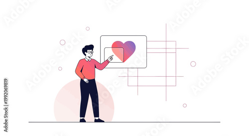 Man pointing at a digital heart icon on a screen, modern abstract design
