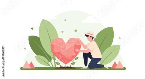 Man Planting Geometric Heart Tree, Symbolizing Love, Growth, Care, and New Beginnings