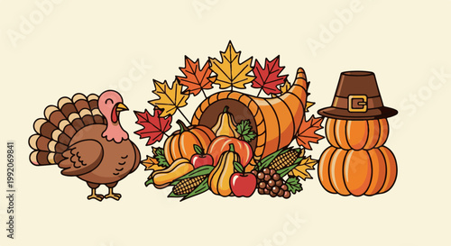 A festive Thanksgiving scene with a turkey, abundance of harvest in a cornucopia, and pumpkin stack