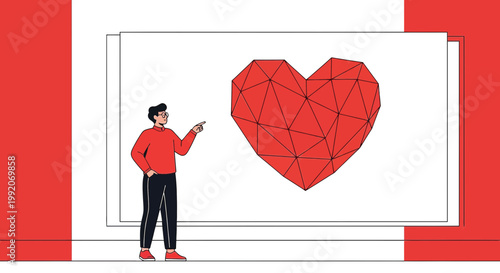 Man points to a 3D geometric heart on a screen, symbolizing love, health, and technology