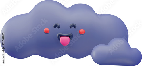 Joke cloud 3D plastic style, vector cartoon cloudy weather forecast symbol, meteorology face with stick out tongue