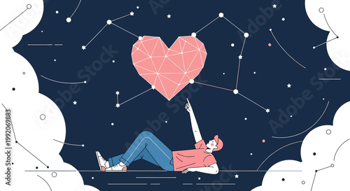 Man points to abstract geometric heart constellation in starry night sky