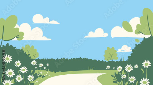 A serene illustrated scene depicts a winding path, lush greenery, and blooming flowers under a blue sky with clouds