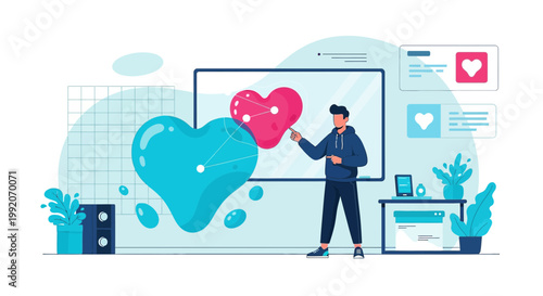 Man Presenting Abstract Heart Shapes and Digital Connections on Whiteboard