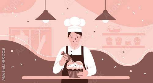 Baker Decorating Giant Cupcake with Cream, Pastry Chef Making Dessert, Sweet Food Preparation