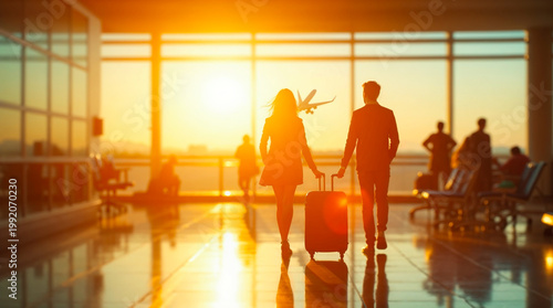 Business travelers with suitcases at airport terminal silhouette