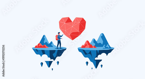 Man on Floating Island Reaches for Geometric Heart, Symbolizing Love Journey and Connection