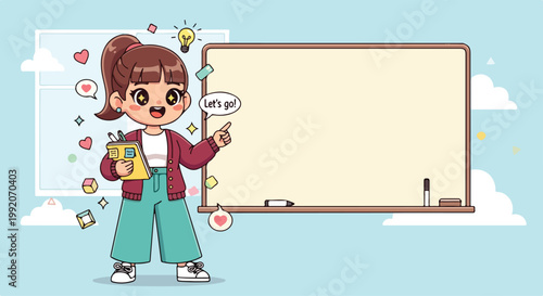 Cute cartoon female teacher standing in front of a blank classroom whiteboard with educational icons and a friendly