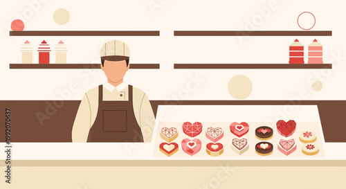 Baker with Heart Shaped Pastries in Display Case
