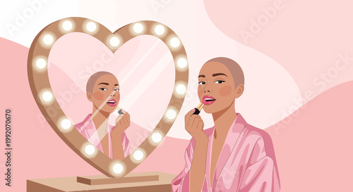 Bald Woman Applying Lipstick in Heart Mirror, Self-Care, Beauty Routine, Pink Aesthetic
