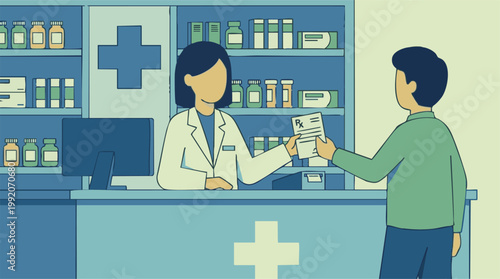 Pharmacist giving prescription to customer in a modern pharmacy