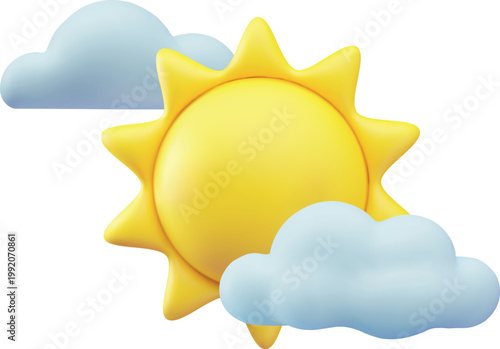 A 3D icon of a bright yellow sun with clouds. Weather forecast.