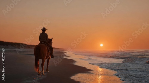 Person riding a horse on a beach at sunset. the person is wearing a hat and a long-sleeved shirt, and the horse is a chestnut color with a white mane and tail.