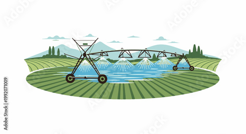 A field irrigation system waters a lush green landscape with rolling hills and trees
