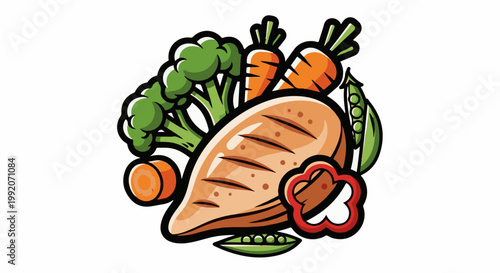 A grilled chicken breast surrounded by colorful fresh vegetables