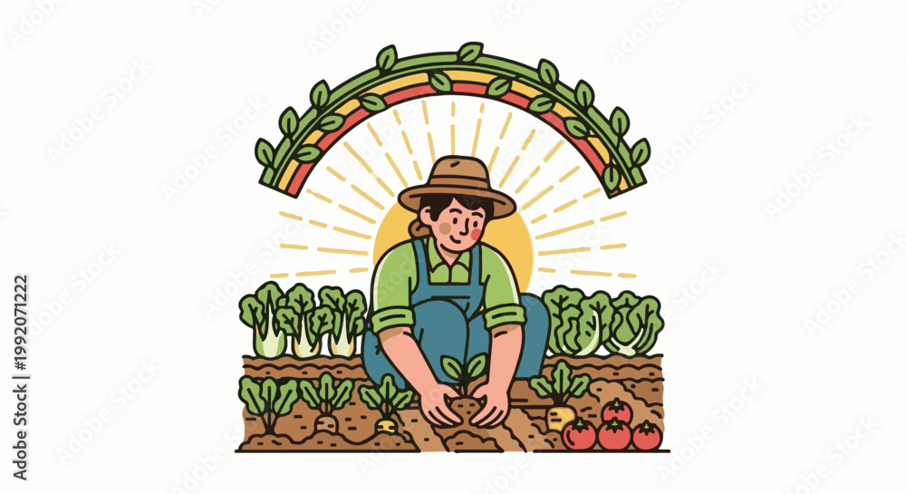 Naklejka premium A farmer plants a seedling in a sunlit garden with leafy vegetables and a colorful rainbow arch overhead