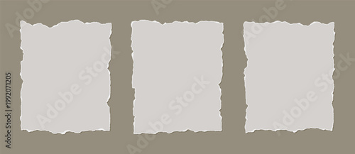 Set of three torn paper pieces with ripped edges. Vector collection of blank white scrap paper scraps on a neutral background for scrapbooking, notes, and vintage designs.