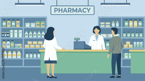 Pharmacists and customer in a modern pharmacy interior illustration