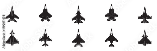 Fighter jet silhouettes icon. Jet fighter plane silhouette. Military fighter airplane icon. Vector Illustration.
