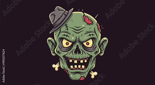 A grotesque, green-skinned creature with a fedora and visible bones on a dark background