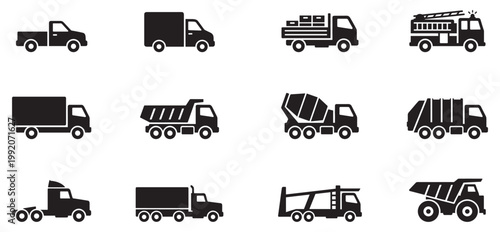 Vehicle icon set. Industrial Vehicle and Construction Truck Vector Icon Collection. Vector Illustration.