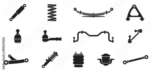Car suspension parts icon. Automotive vehicle parts and car repair service black silhouette icons. Vector Illustration.