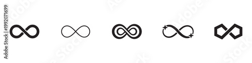 Infinity shape icon. Infinity symbols. Set of infinity icons. Symbols of endless, unlimited, eternal. Vector illustration. EPS 10