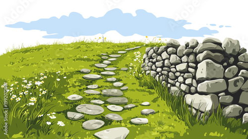 A picturesque scene of a stone path winding through a green meadow with a stone wall and flowers