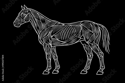 Anatomical vector illustration of a horse's muscular system in profile view. White line art on black background showing detailed equine musculature, muscle fibers, and biology for veterinary study.