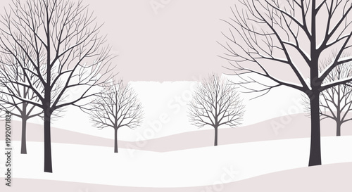 A lonely bare tree stands frozen in a white winter landscape under a cold sky, its branches covered in frost amidst a silent snowy forest scene