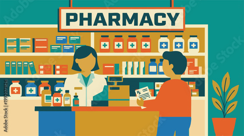 Pharmacist assisting customer with prescription at modern pharmacy counter