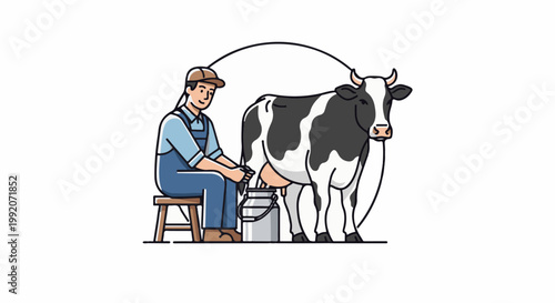A farmer in overalls and a hat sits on a stool, milking a black and white cow into a metal bucket