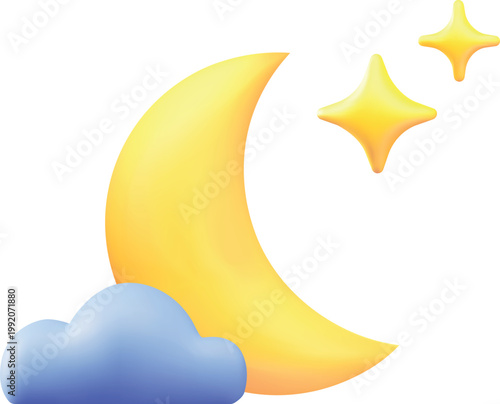 Yellow crescent moon with cloud 3D plastic style, vector cartoon space moon and stars sign, night weather forecast