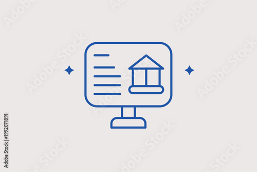 Computer monitor with bank building icon for online banking portals and desktop finance. Digital Vector Illustration for internet banking login screens and corporate account management.