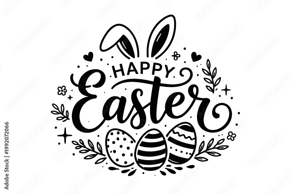 Fototapeta premium Happy Easter black and white logo with hand lettering typography, cute bunny ears, and decorated eggs. Festive holiday greeting card design with floral elements, hearts, and stars on white.